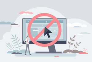 Banned website and forbidden risky internet browser site tiny person concept. Suspicious online warning notification to control illegal content vector illustration. Digital notice with blocked message