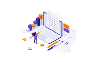Conceptual template with woman filling in questionnaire on laptop computer screen. Scene for internet service for creation of public survey, statistical research. Isometric vector illustration.