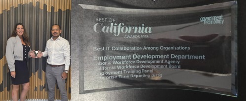 Tara Armstrong & Sam Chhlang of ETP receiving award for Best IT Collaborative Among Organizations.